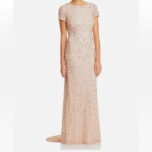 ADRIANNA PAPELL Pink Metallic All-Over Sequin Embellished Mesh Gown + Train